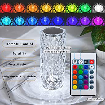 16 Colors Diamond Rose Crystal Touch Lamp Bedside Acrylic Usb Rechargeable Table Lamp