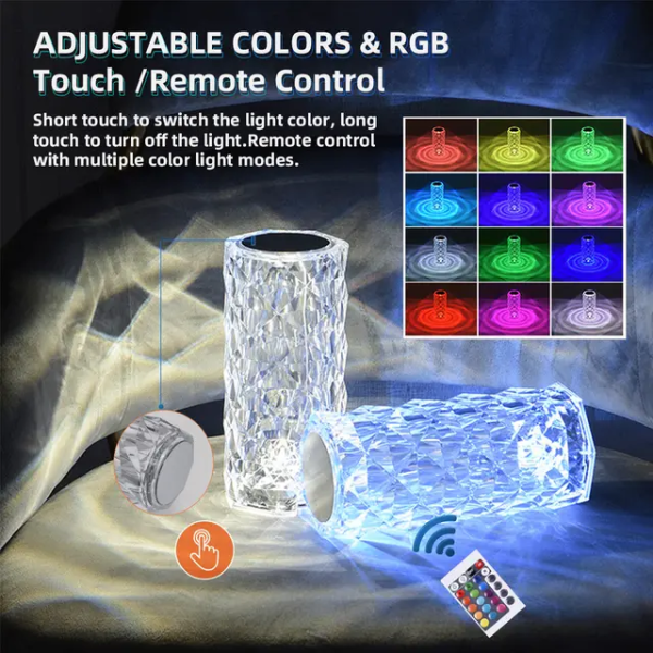 16 Colors Diamond Rose Crystal Touch Lamp Bedside Acrylic Usb Rechargeable Table Lamp